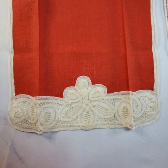 Vintage Hand Sewn Red Embroidered Brussels Belgium Lace Tea Towels 17x10 inches - Picture 8 of 9
